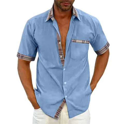 Camisa Casual de Manga Corta para Hombre Moda Urbana Solapa Sin Planchado Patchwork de Cuadros Bolsillo Top para Hombre
