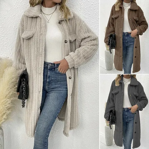 Dames Faux Fur Lamswol Teddy Jas Lange Mouw Revers Single Breasted Dik Warm Effen Kleur Casual Outwear Top Herfst Winter