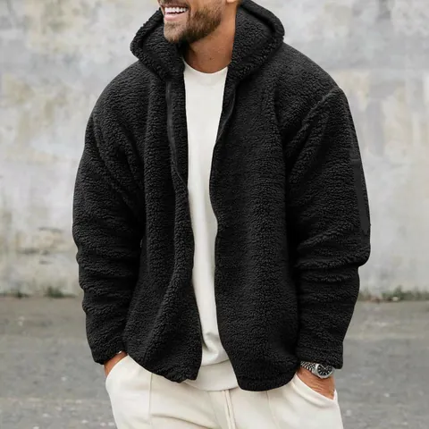 Chaqueta de Hombre Holgada Con Capucha Vellón de Doble Cara Otoño Invierno Cálida Color Sólido Casual Con Cremallera Ropa de Abrigo Talla Grande