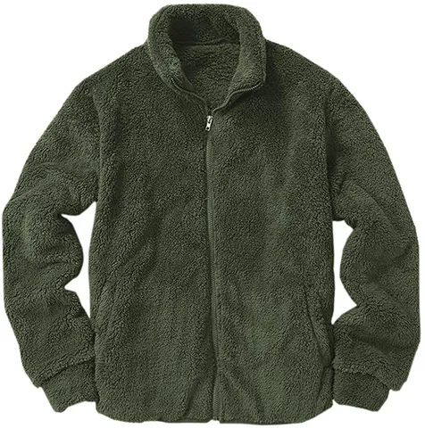 Men's Solid Color Fleece Jacket Thick Stand Collar Zipper Outerwear Casual Sherpa Sweatshirt Winter Warm Top