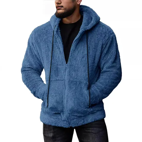 Men Fall Winter Alpaca Blend Acrylic Plush Hooded Cardigan Jacket Minimalist Thickened Loose Zipper Sweater Jacket With Pockets Casual Top
