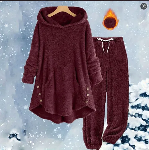 Women Casual Fleece Hooded Top And Bottom Solid Color Plush Tracksuit With Pockets Drawstring Long Sleeve Loungewear