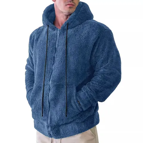 Men Fall Winter Alpaca Blend Acrylic Plush Hooded Cardigan Jacket Minimalist Thickened Loose Zipper Sweater Jacket With Pockets Casual Top