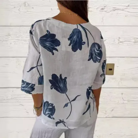 Camicia Pullover a Maniche Corte con Scollo a V e Stampa Floreale Casual Allentata in Cotone Poliestere Camicetta Top Stile Mori per Donna