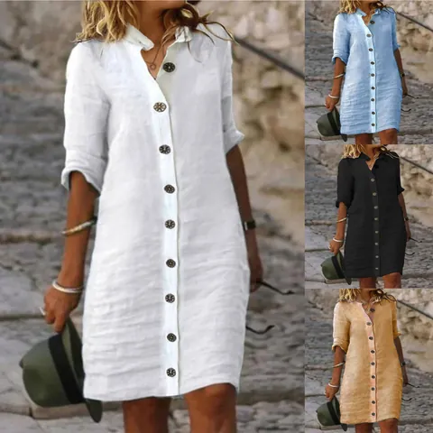 Robe Décontractée Femme Aspect Coton Lin Col Chemise Manches Mi-Longues Gros Bouton Couleur Unie Robe Trapèze Midi Robe Chemisier
