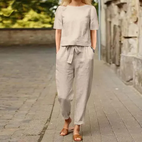 Conjunto de Dos Piezas Vintage de Poliéster para Mujer Casual Color Sólido Cuello Redondo Manga Corta Top Y Pantalones Anchos