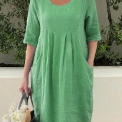 Women's Casual Cotton Linen Round Neck Midi Dress With Pockets Solid Color Long Sleeve Loose Fit Swing Dress Top And Bottom