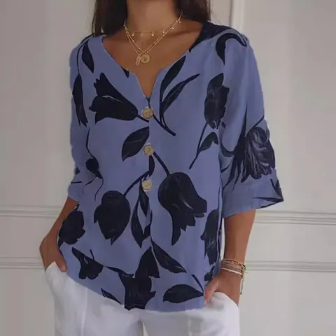 Damen Casual V-Ausschnitt Kurzarm Blumenmuster Bluse Polyester Tulpenmuster Pullover Top Mit Knopfsdekoration
