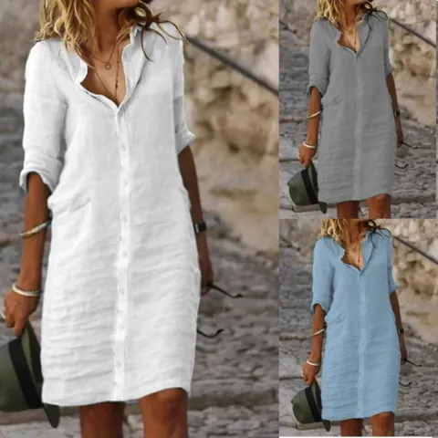 Women Casual Cotton Linen Shirt Dress Loose Lapel Button Mid Sleeve Solid Color Midi Dress With Pockets Relaxed Fit Dress