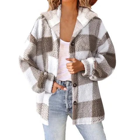 Giacca da Donna in Peluche a Quadri con Cappuccio e Bottoni Cappotto in Pile Sherpa Caldo Autunno Inverno