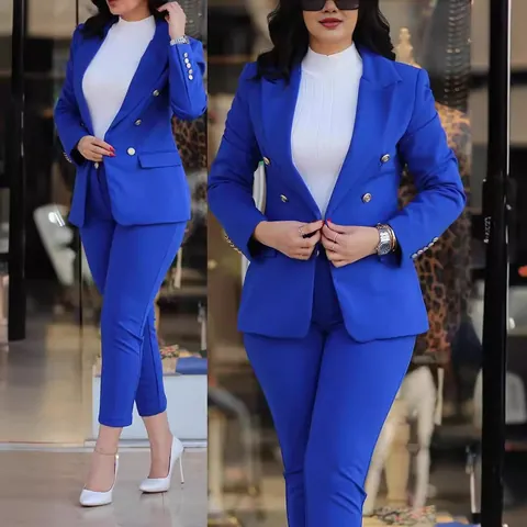 Women Top And Bottom Elegant Professional Suit Polyester Blazer And Pants Solid Color Double Breasted Office Lady Business Wear