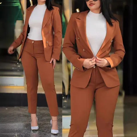 Women Top And Bottom Elegant Professional Suit Polyester Blazer And Pants Solid Color Double Breasted Office Lady Business Wear