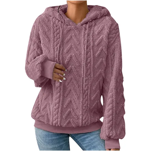 Dames Casual Winter Verdikte Fleece Hoodie Effen Kleur Jacquard Lange Mouw Sweatshirt Trekkoord Warme Bovenkleding Top