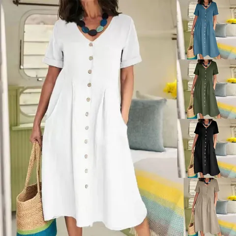 Women's Casual V-Neck Cotton Linen Midi Dress Short Sleeve Solid Color Button Down High Waist Loose A-Line Summer Top And Bottom