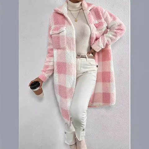 Women's Casual Plaid Long Teddy Coat Button Down Lapel Fleece Jacket Warm Winter Overcoat Loose Outwear With Pockets