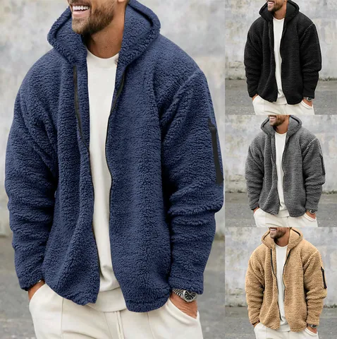 Chaqueta de Hombre Holgada Con Capucha Vellón de Doble Cara Otoño Invierno Cálida Color Sólido Casual Con Cremallera Ropa de Abrigo Talla Grande