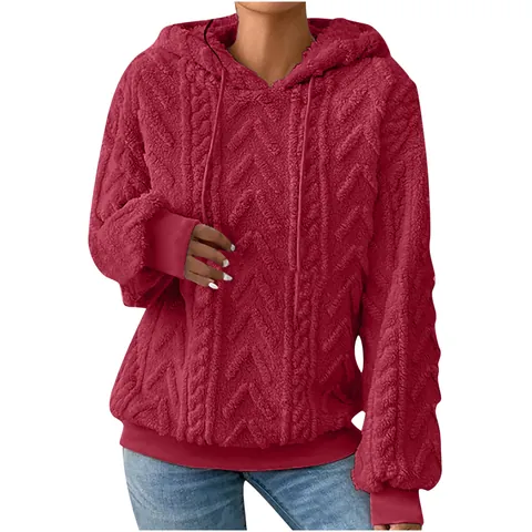 Dames Casual Winter Verdikte Fleece Hoodie Effen Kleur Jacquard Lange Mouw Sweatshirt Trekkoord Warme Bovenkleding Top