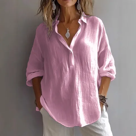 Camicia da Donna Casual Larga a Tinta Unita in Cotone e Lino Scollo a V Manica Lunga Top Primavera Estate Camicetta con Bottoni