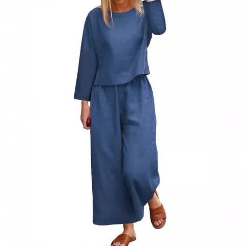 Women Casual Cotton Linen Top And Bottom Solid Color Loose Shirt Wide Leg Pants Set Plus Size Outfits