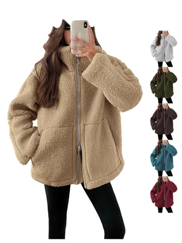 Dames Oversized Wolmix Sherpa Fleece Jas Opstaande Kraag Rits Warme Winterjas Effen Kleur Casual Top