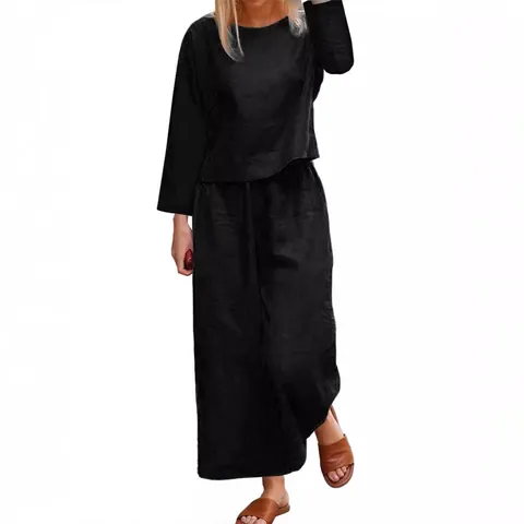Women Casual Cotton Linen Top And Bottom Solid Color Loose Shirt Wide Leg Pants Set Plus Size Outfits