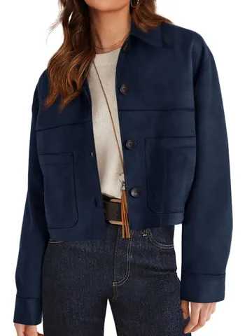 Women's Autumn Winter Short Faux Suede Jacket Fashion Casual Lapel Long Sleeve Single Breasted Coat with Pockets Solid Color Top