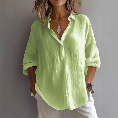 Women's Casual Cotton Linen V-Neck Shirt Loose Long Sleeve Button Down Blouse Plain Solid Color Spring Summer Top