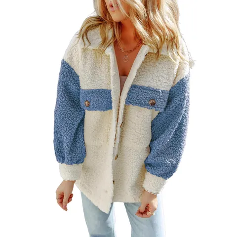 Giacca da Donna Casual in Pile Sherpa a Blocchi di Colore Manica Lunga Patchwork Cappotto Largo con Bottoni e Tasche Top