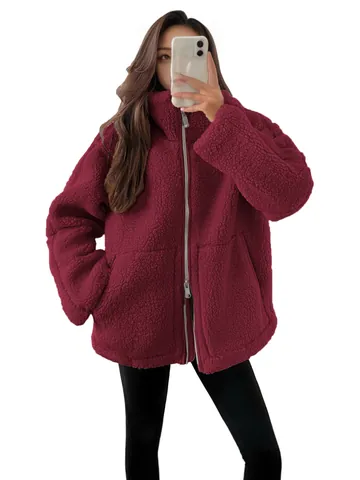 Dames Oversized Wolmix Sherpa Fleece Jas Opstaande Kraag Rits Warme Winterjas Effen Kleur Casual Top