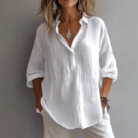 Γυναικεία Casual Χαλαρή Μπλούζα από Λινό Λαιμόκοψη V Κομψή Μακρυμάνικη Μονόχρωμη Πουκάμισο με Κουμπιά Καλοκαιρινό Τοπ