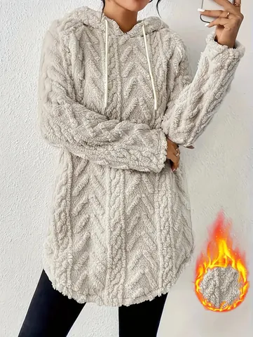 Sudadera con Capucha de Color Sólido para Mujer Textura Jacquard Felpa Top Manga Larga Cordón Pullover Invierno