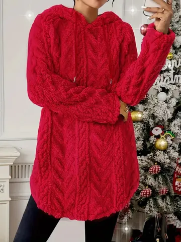 Sudadera con Capucha de Color Sólido para Mujer Textura Jacquard Felpa Top Manga Larga Cordón Pullover Invierno