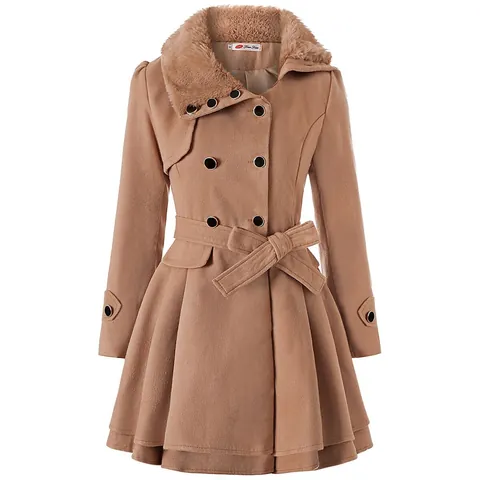 Abrigo de Lana de Doble Botonadura Elegante para Mujer Largo Medio Ajustado Con Cuello de Piel Y Cinturón Ropa de Abrigo de Oficina