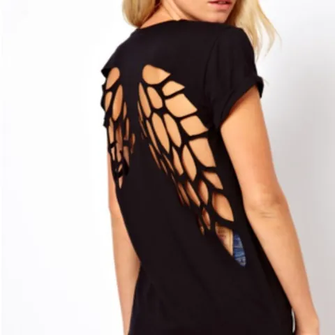 Top da Donna con Ali d'Angelo Traforato Ricamato Manica Corta Girocollo Maglietta in Poliestere Casual Vestibilità Comoda