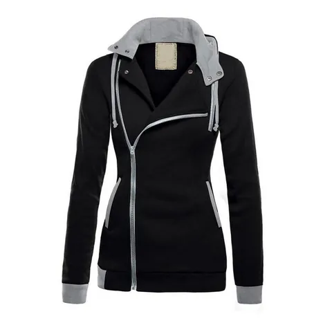 Damen Schräger Reißverschluss Fleece Hoodie Farblock Langarm Dick Warm Sweatshirt Slim Fit Streetwear Lässiger Pullover Top
