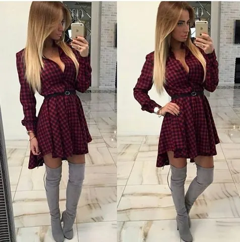 Elegant Women Polyester Polka Dot Plaid Shirt Dress Swallowtail High Low Hem Belted Long Sleeve Office Dress Top And Bottom