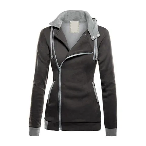 Damen Schräger Reißverschluss Fleece Hoodie Farblock Langarm Dick Warm Sweatshirt Slim Fit Streetwear Lässiger Pullover Top