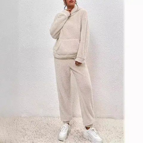 Women Casual Sherpa Fleece Hoodie And Pants Loungewear Top And Bottom Solid Color Long Sleeve Pocket Warm Winter Outfit