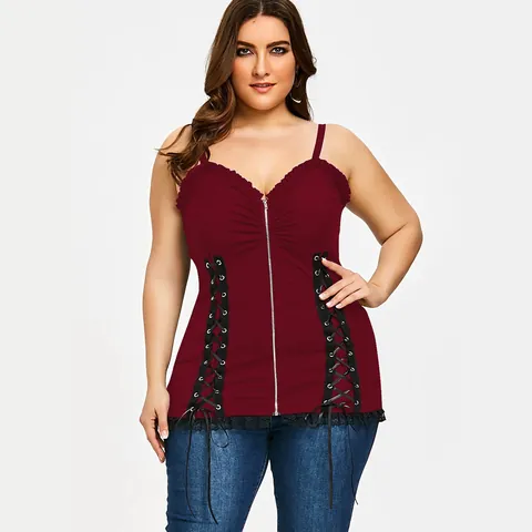 Plus Size Women's Sexy Lace Patchwork Sleeveless Camisole Top Ribbed Knit Tank Top with Zipper and Lace-Up Corset Design