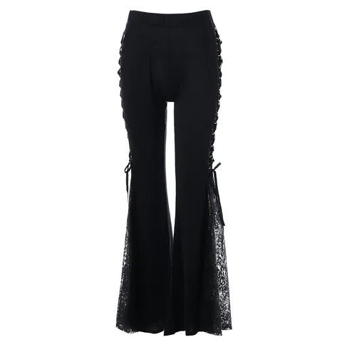 Pantalones de Campana Punk Gótico Mujer Algodón Mercerizado Cordones Retro Negro Cintura Alta para Fiesta Diario