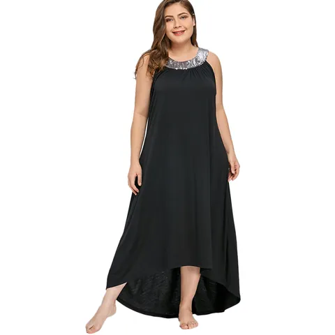 Women Plus Size Sleeveless Maxi Dress Sequin Round Neck High-Low Hem Solid Color Vintage Party Evening Gown Polyester Dress