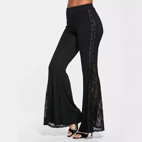 Pantalones de Campana Punk Gótico Mujer Algodón Mercerizado Cordones Retro Negro Cintura Alta para Fiesta Diario