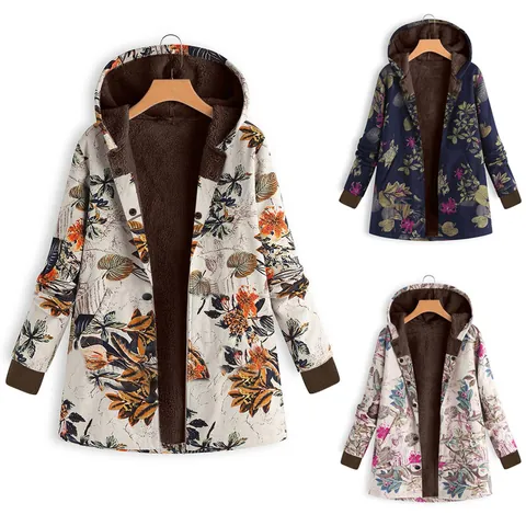 Women's Vintage Floral Print Hooded Jacket Fleece Lined Thick Cotton Coat Plus Size Long Sleeve Single Breasted Outerwear Top