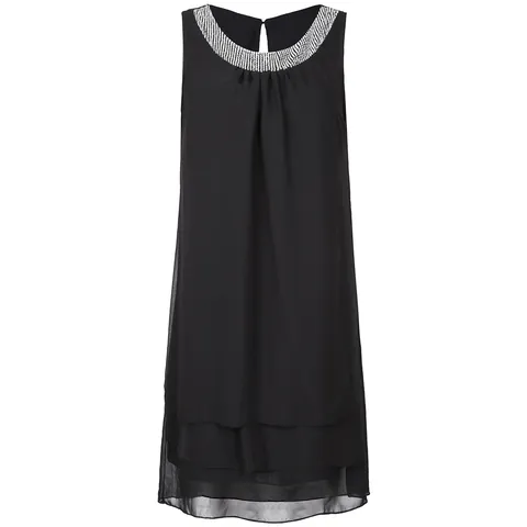 Dames Pailletten Ronde Hals Mouwloze Gelaagde Chiffon Mini Jurk Elegante Effen Kleur Party Banket Jurk