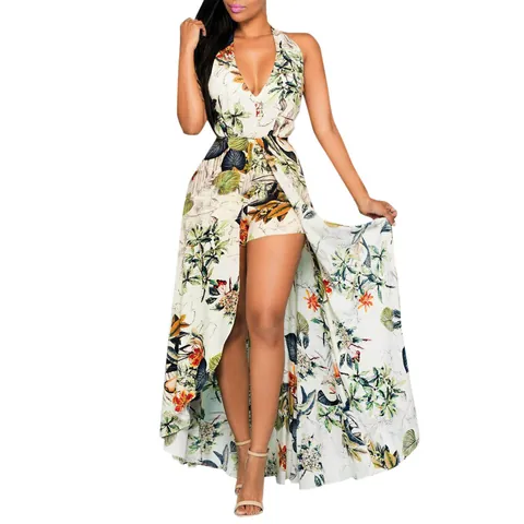 Pagliaccetto Donna Scollo a V Profondo Senza Maniche Stampa Floreale Tropicale Orlo Irregolare Spiaggia Gonna Pantaloni Top And Bottom