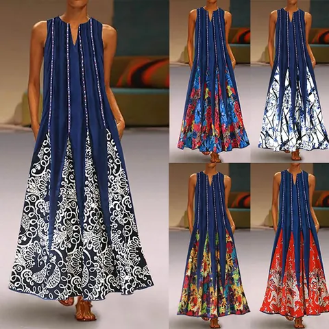 Damen Retro V-Ausschnitt Ärmellos Bedrucktes Maxikleid Mit Taschen Baumwolle Sommer Strand Casual A-Linie Langes Kleid