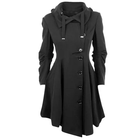 Women Vintage Irregular Hem Hooded Trench Coat Long Sleeve Single Breasted Polyester Overcoat Windbreaker For Autumn Winter Top