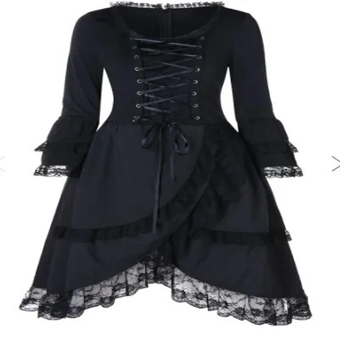 Vestido Midi Gótico Retro de Manga Larga para Mujer Encaje Pelo de Conejo Volantes Vestido Lolita Negro Victoriano Punk