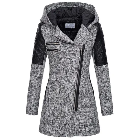Women Winter Hooded Coat Faux Leather Patchwork Quilted Sleeve Asymmetric Zip Long Trench Jacket Top Outerwear