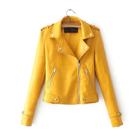 Women Slim Fit Faux Leather Biker Jacket PU Moto Outerwear Lapel Long Sleeve Zip Pocket Solid Color Vintage Street Fashion